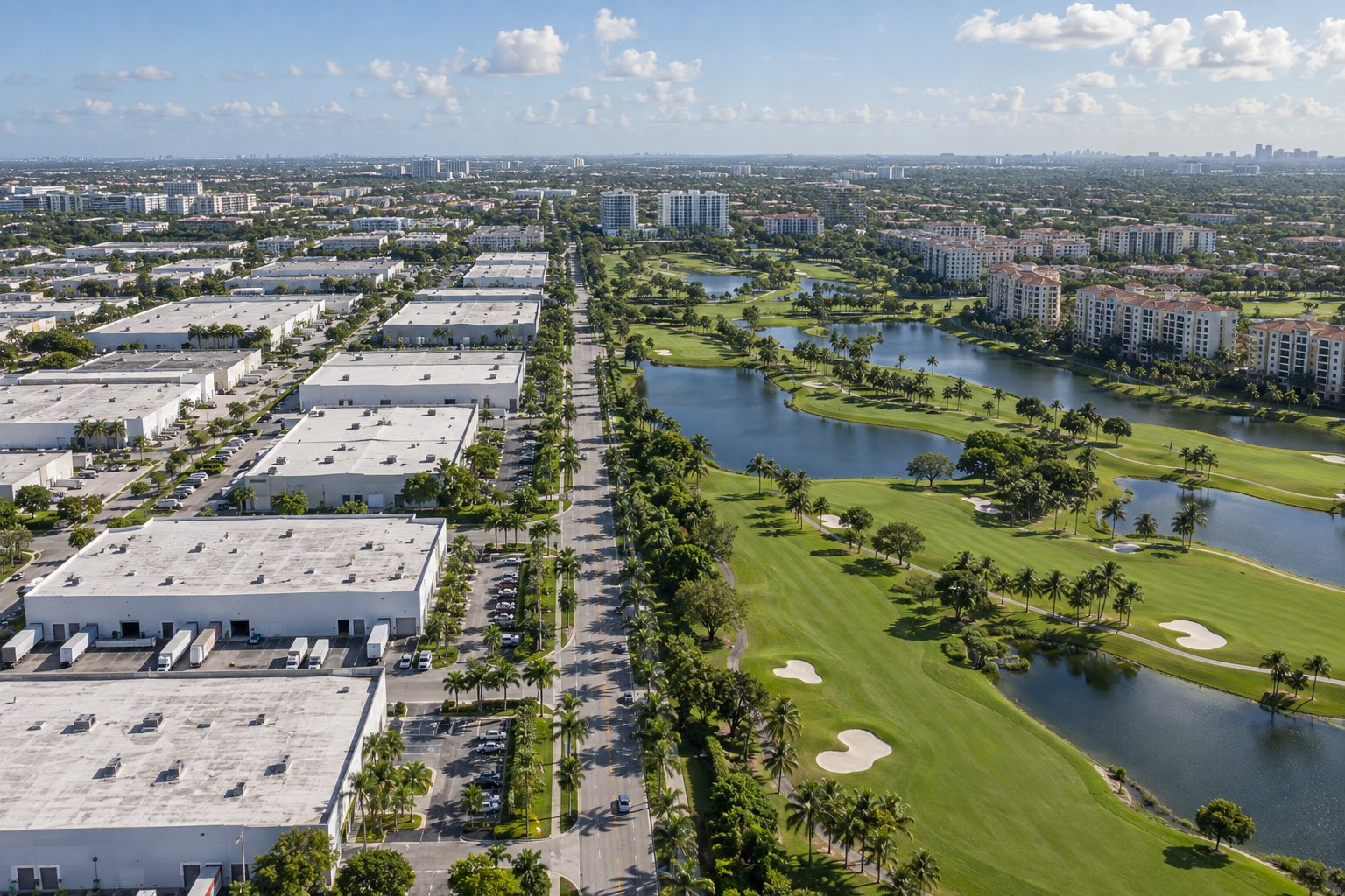Aerial view of Doral, Florida with warehouses, a golf course and residential buildings