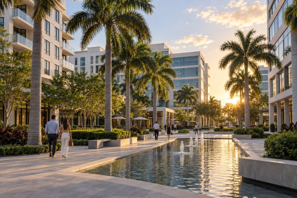Mixed-use residential and office buildings around a palm-lined plaza in Doral, Florida