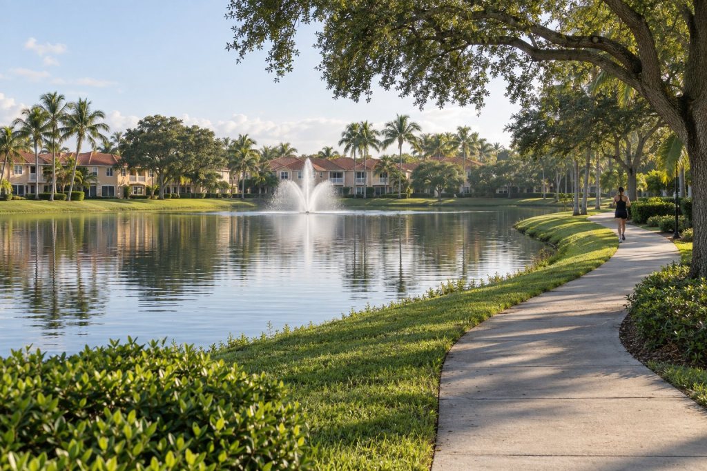 Lakeside walking path with a fountain and townhomes in Miami Lakes, Florida