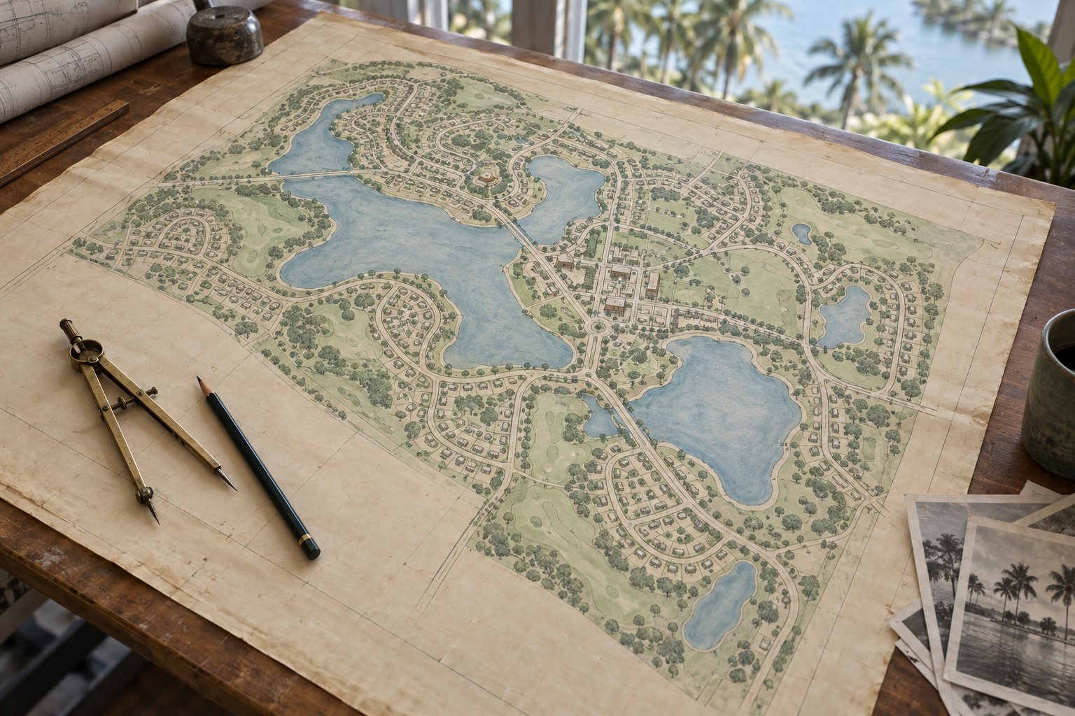 Illustration of a vintage master plan for a lakeside planned community