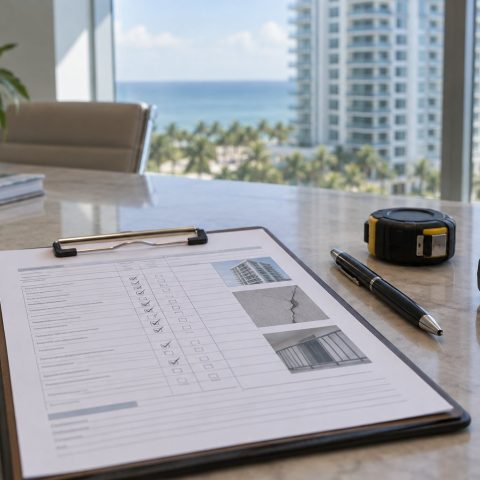 Building inspection checklist on a clipboard with a tape measure and moisture meter