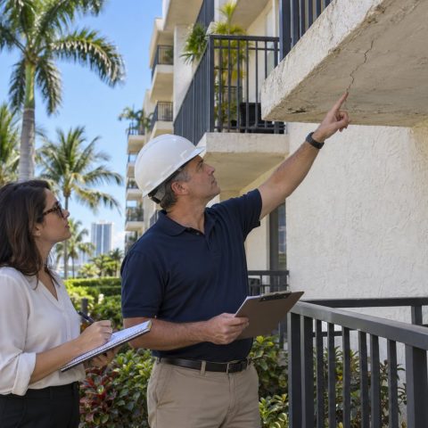 Engineer inspecting a concrete balcony on an older Miami condominium with the property manager